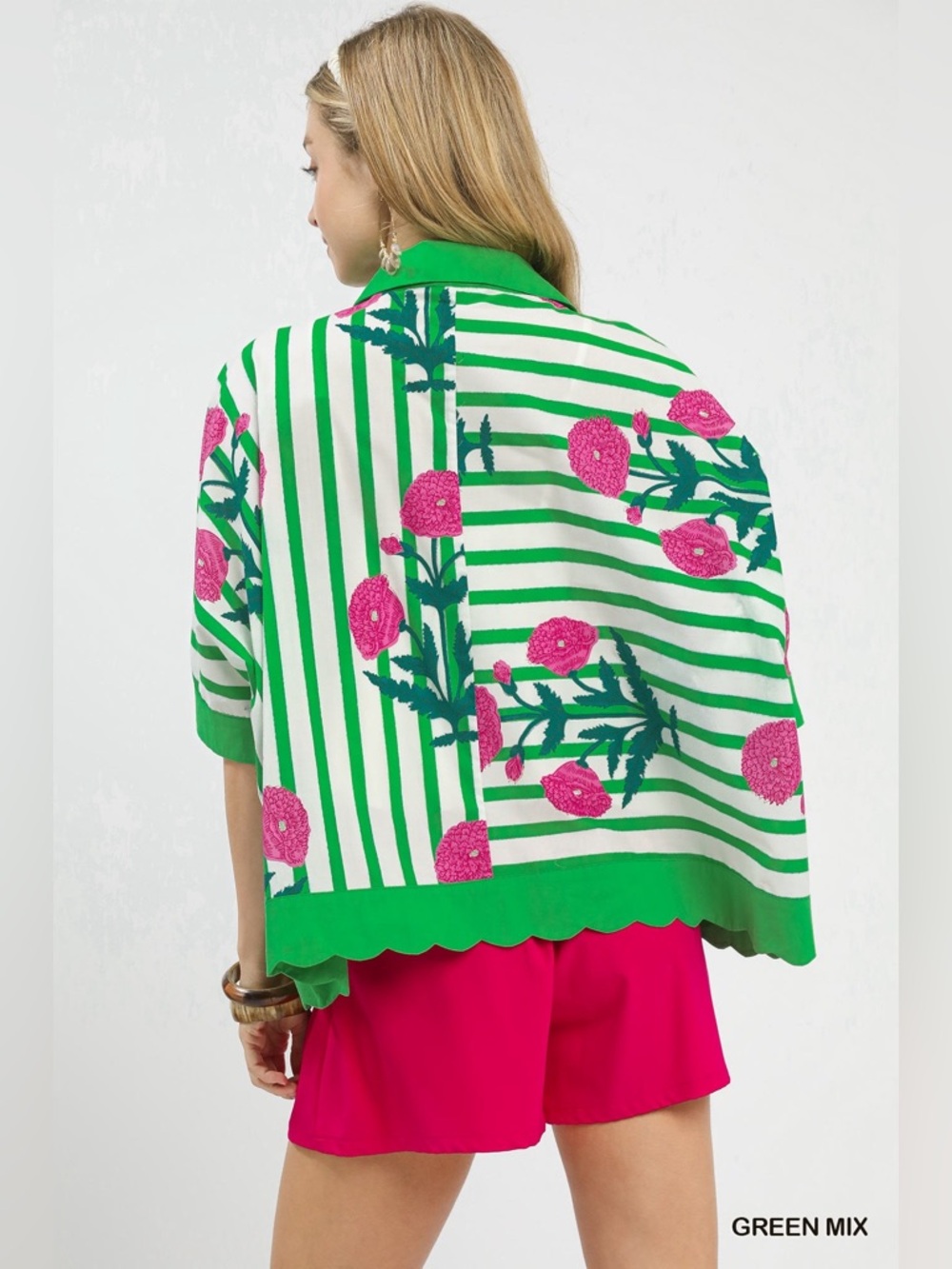 Umgee Mix Floral Stripe Button Down Top - Picture 3 of 8